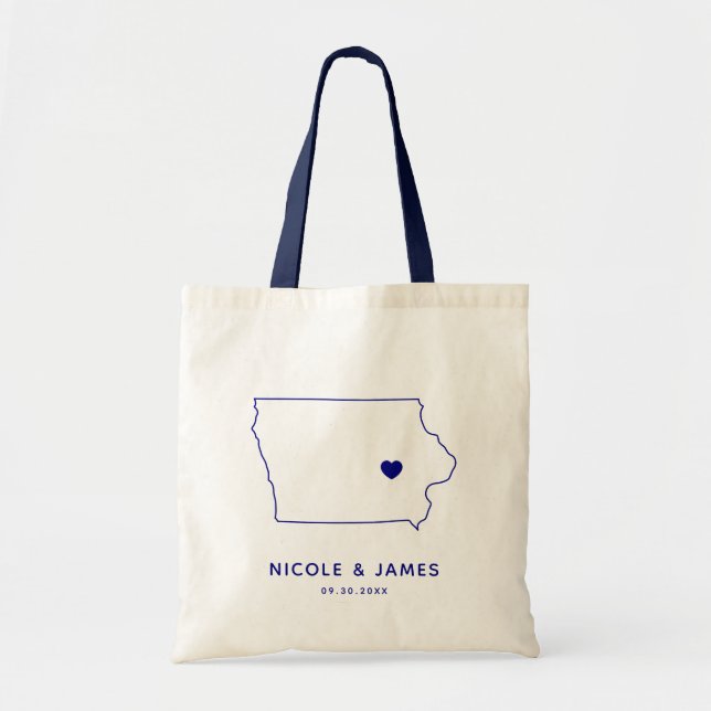 Iowa Wedding Welcome Bag Tote, Navy Blue Map (Front)