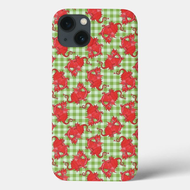 iPad Air Case : Red Dragons on Green Gingham (Back)