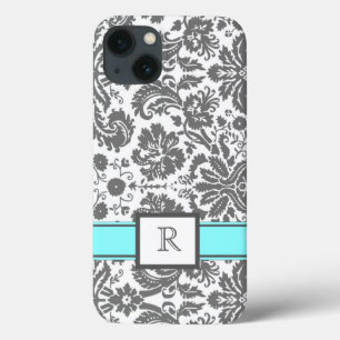 iPad Custom Monogram Grey Aqua Floral Damask iPhone 13 Case