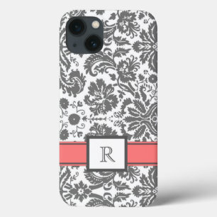 iPad Custom Monogram Grey Coral Floral Damask iPhone 13 Case