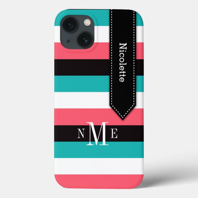 iPad Mini Case | Stripes | Turquoise, Black, Coral (Back)