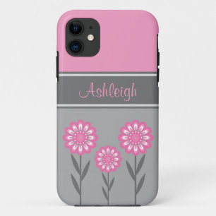 iPhone5 Girly Pink and Grey Flowers Stripes iPhone 11 Case