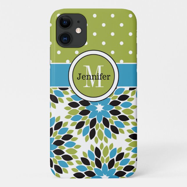 iPhone 11 Case | Floral, Dots | Blue, Green (Back)