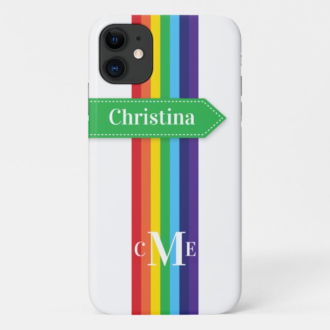 iPhone 11 Case | Rainbow Striped with Monogram (Back)
