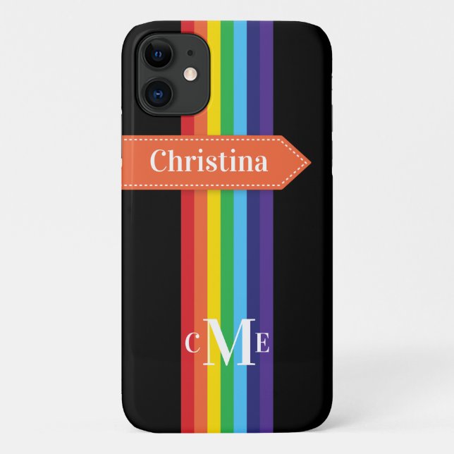 iPhone 11 Case | Rainbow Striped with Monogram (Back)