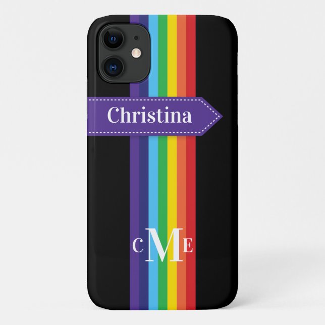 iPhone 11 Case | Rainbow Striped with Monogram (Back)
