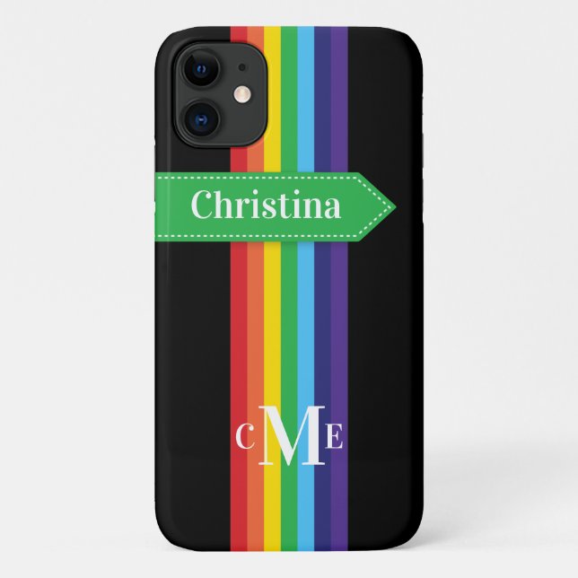 iPhone 11 Case | Rainbow Striped with Monogram (Back)
