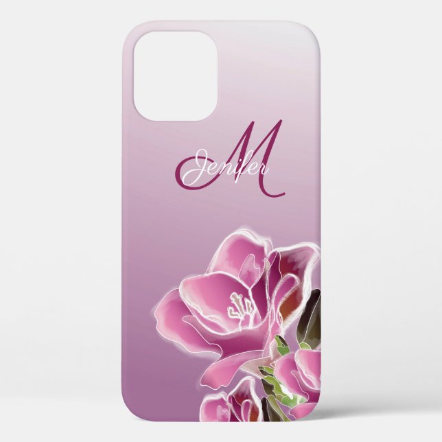 iPhone 12 Case - Monogram and watercolor freesia (Back)