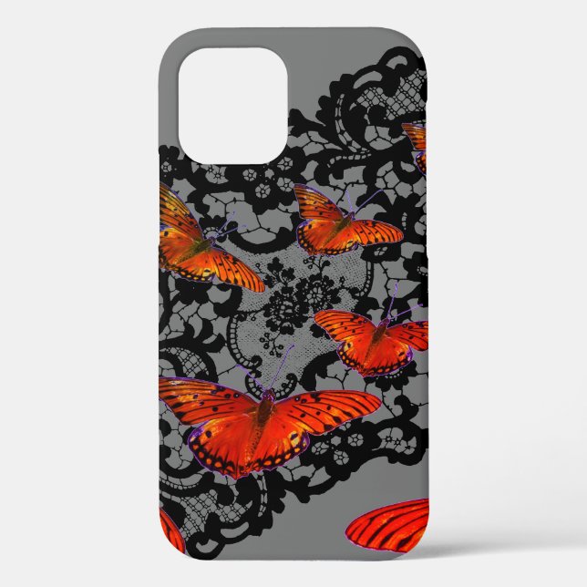 iPhone 12 ORANGE BUTTERFLIES ANTIQUE BLACK LACE Case-Mate iPhone Case (Back)