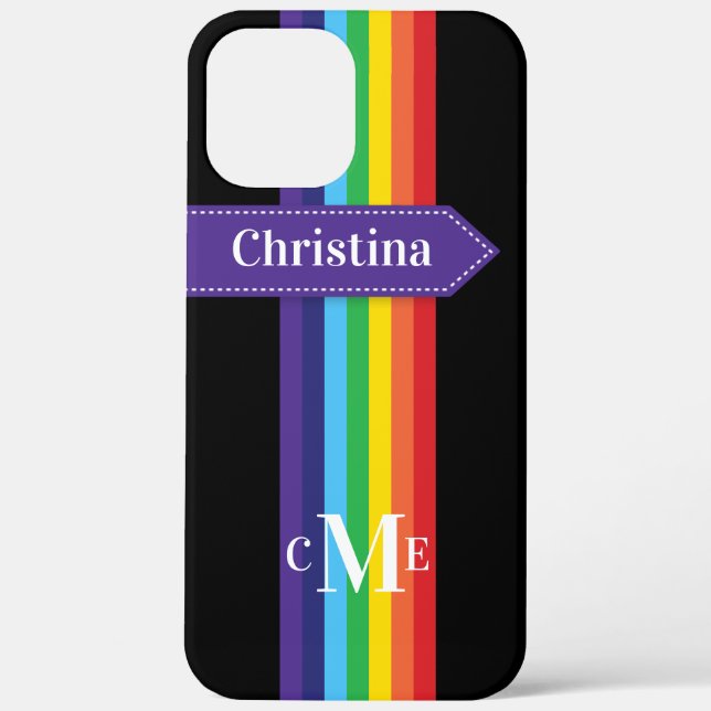 iPhone 12 Pro Case | Rainbow Striped with Monogram (Back)