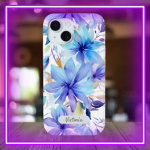 iPhone 15 Case Blue & Purple Floral Design & Name