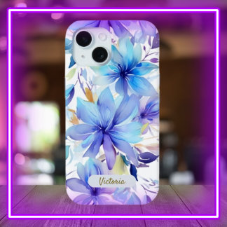 iPhone 15 Case Blue & Purple Floral Design & Name