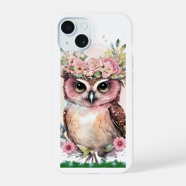 iPhone 15 Case with Cute Owl & Flowers (Back)