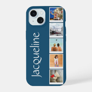 iPhone 15 Monogrammed 5 photo Collage Blue Case