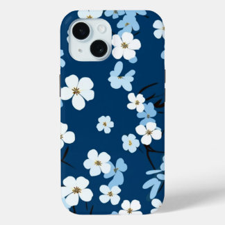 iPhone 15 Phone Case Blue & White Floral Design