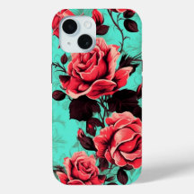 iPhone 15 Phone Case W/ Red Rose Floral Design