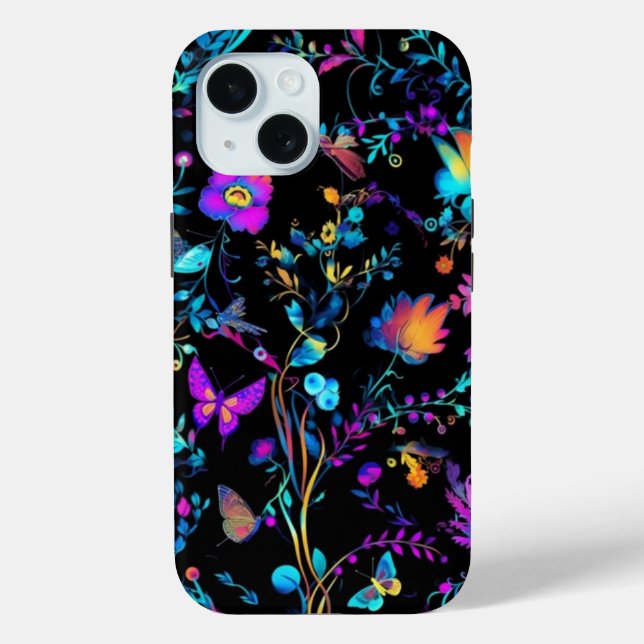 iPhone 15 Phone Case w/ Vibrant Neon Floral Design (Back)