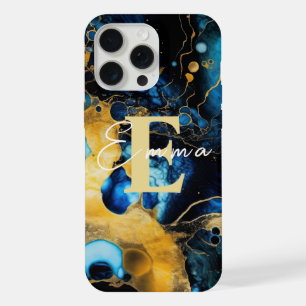 iPhone 15 Pro Max Case w Blue & Gold Alcohol Ink