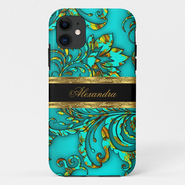 iPhone 5 Elegant Teal Gold Black Floral Damask Case-Mate iPhone Case (Back)