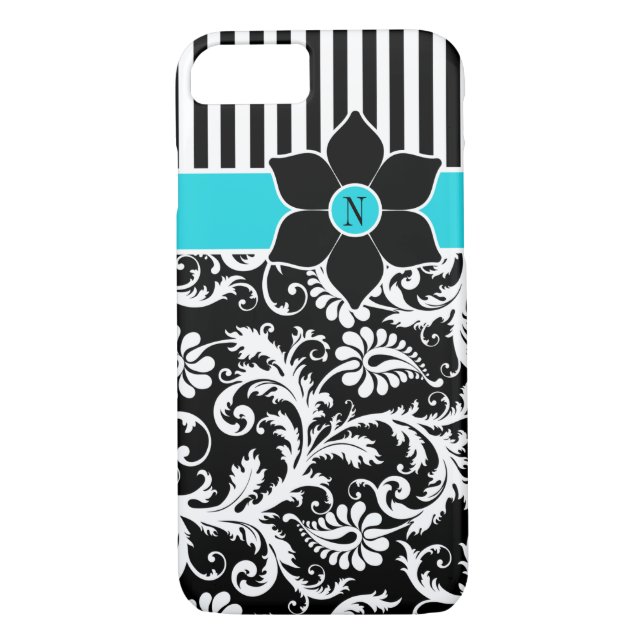 iPhone 7 Case | Damask | Stripes | Turquoise Blue (Back)