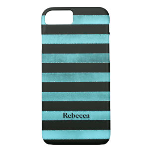 iPhone 7 Case FAUX Aqua Foil Black Stripes