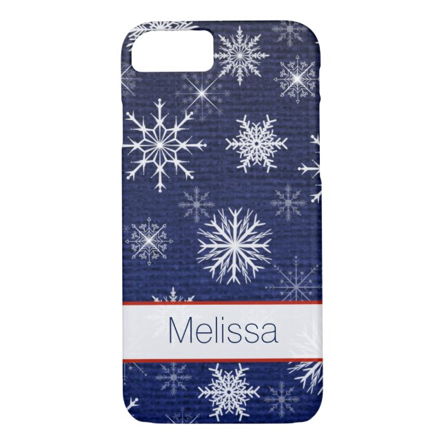 iPhone 7 Case | Faux Burlap | Snowflakes - Navy (Back)