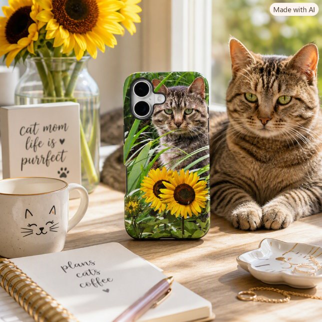 iPhone Case for Cat Moms, Tabby Cat and Sunflower  (Creator Uploaded)