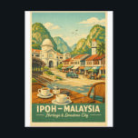 Ipoh City, Malaysia retro travel Postcard<br><div class="desc">Travel poster featuring Ipoh City, Malaysia, in a charming retro travel-poster style. Central scene showing limestone karst hills surrounding Ipoh, colonial-era buildings, traditional shophouses, and a calm street café atmosphere. Include subtle details like white coffee cups, old railway architecture, and tropical greenery. Warm nostalgic color palette: cream, teal, muted green,...</div>