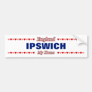 IPSWICH - My Home - England; Red & Pink Hearts Bumper Sticker