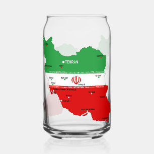 Iran Map with Flag and Emblem Can Glass