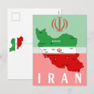 Iran Map with Flag and Emblem Holiday Postcard
