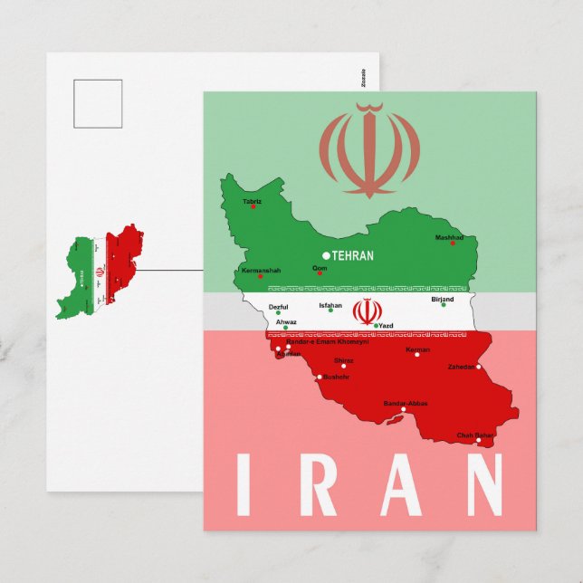 Iran Map with Flag and Emblem Holiday Postcard (Front/Back)