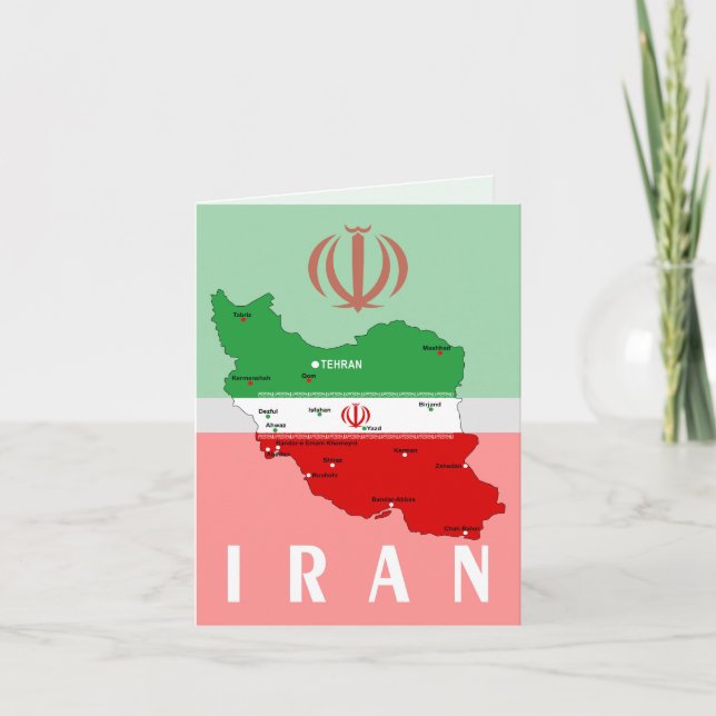 Iran Map with Flag and Emblem Note Card (Front)