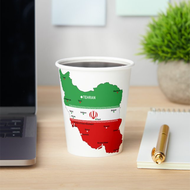 Iran Map with Flag and Emblem Paper Cups (Insitu)