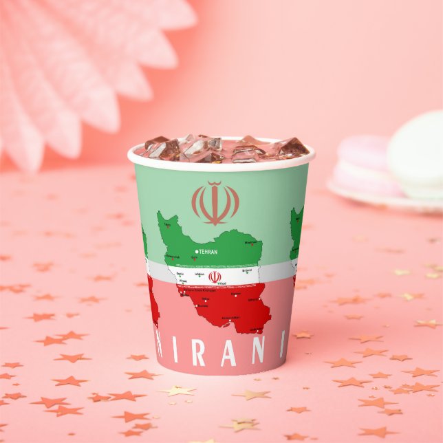 Iran Map with Flag and Emblem Paper Cups (Insitu)