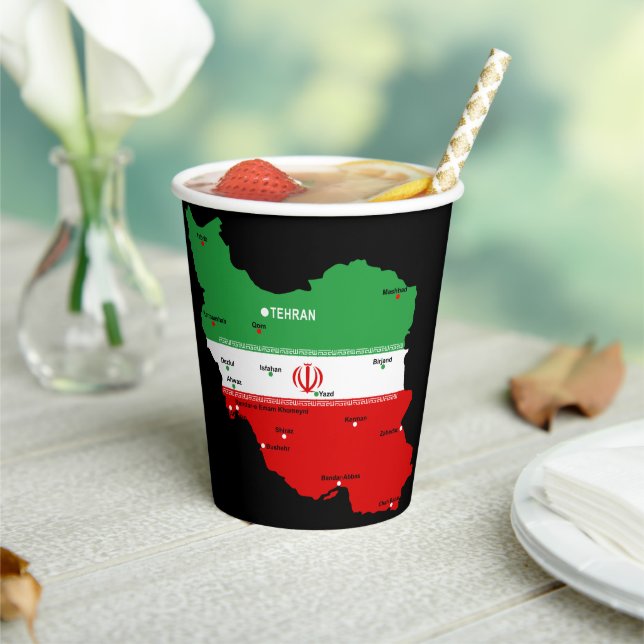 Iran Map with Flag and Emblem Paper Cups (Insitu)