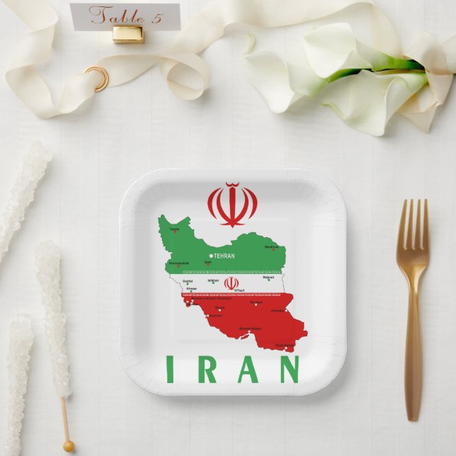 Iran Map with Flag and Emblem Paper Plate (Wedding)