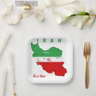 Iran Map with Flag and Emblem Paper Plate