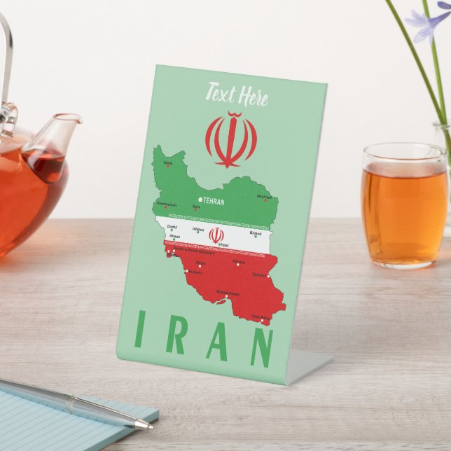 Iran Map with Flag and Emblem Pedestal Sign (In SItu)