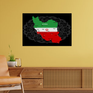 Iran Map with Flag and Emblem Poster