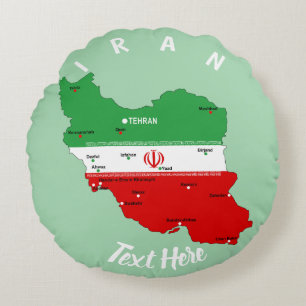 Iran Map with Flag and Emblem Round Cushion