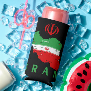 Iran Map with Flag and Emblem Seltzer Can Cooler