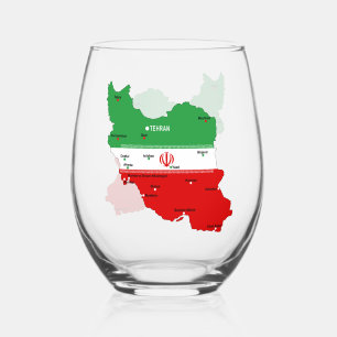 Iran Map with Flag and Emblem Stemless Wine Glass
