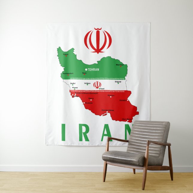 Iran Map with Flag and Emblem Tapestry (In Situ)