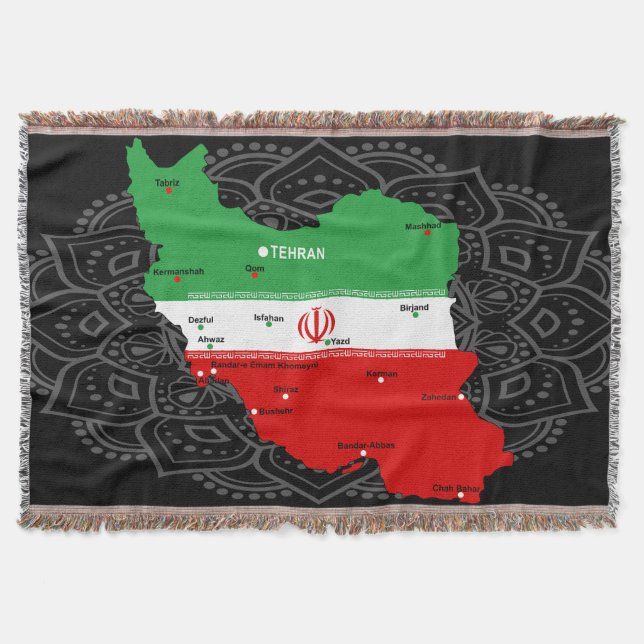 Iran Map with Flag and Emblem Throw Blanket (Front)