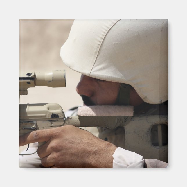 Iraqi Army Sergeant sights in down range Magnet (Front)