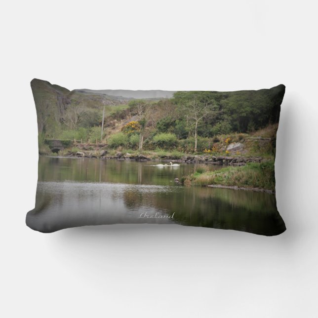 Ireland, County Cork, Lake, Swans, Photography Lumbar Cushion (Front)