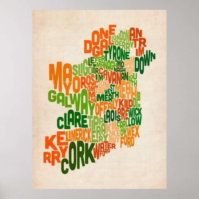 Ireland Eire County Text Map Poster (Front)