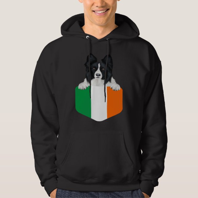 Ireland Flag Border Collie Dog In Pocket Hoodie (Front)