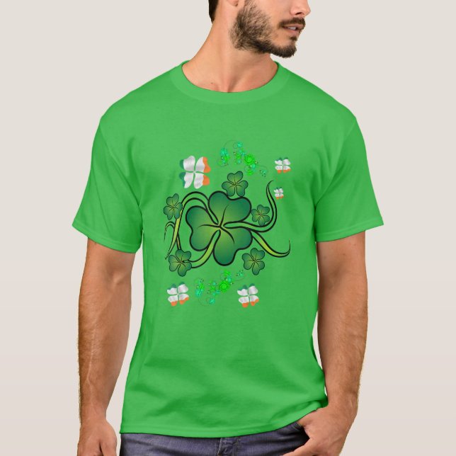 Ireland Flag Lucky Four Leaf Shamrock St Patricks T-Shirt (Front)